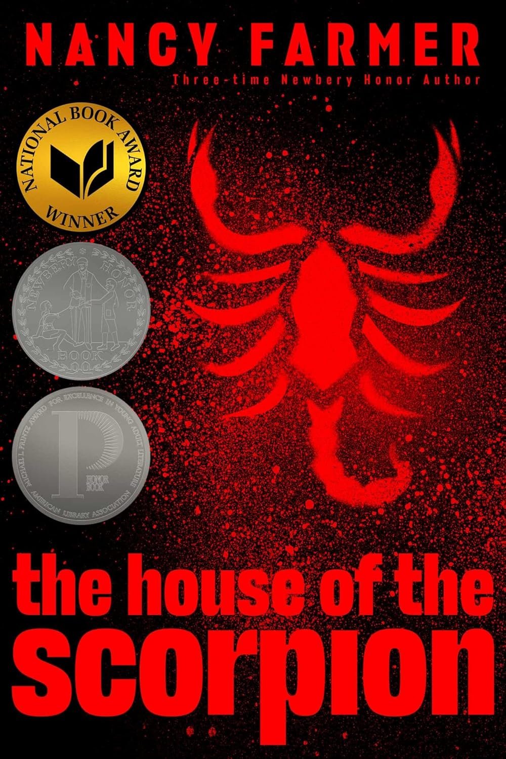 the house of the scorpion book cover with red silhouette of scorpion, book awards and red title. 