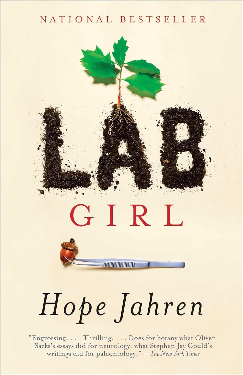 Lab girl book cover with tweezers holding an acorn. 